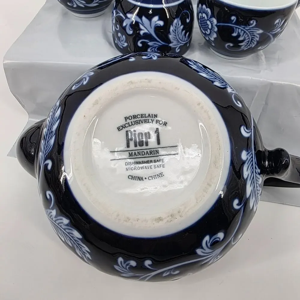 Pier 1 Imports Mandarin Teapot 32oz 4 Cups 4oz Set Cobalt Blue White Porcelain